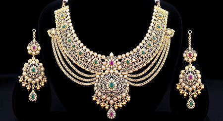 necklace with precious stones on a black background in close-upの素材