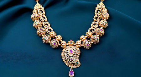 necklace on blue satin background, close up of beautiful jewelryの素材