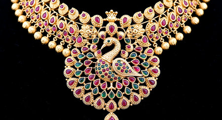 jewelry necklace with precious stones on a black background close upの素材