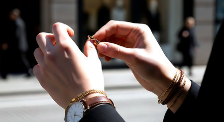 Wedding rings in the hands of the bride on the streetの素材
