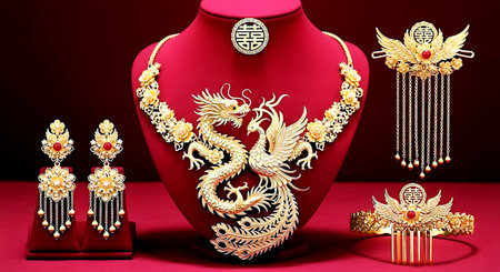 Golden dragon necklace and earrings on red background. 3D renderingの素材
