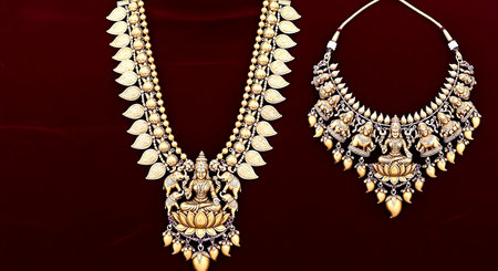 Necklace and earrings on red background, closeup of photoの素材