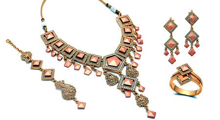 Set of women's jewelry on a white background. Jewelry store.の素材