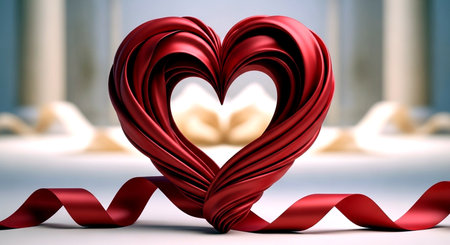 Red ribbon in the shape of a heart on a white background.の素材