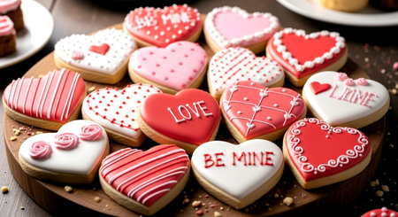 Valentine's day cookies in the shape of hearts on a wooden backgroundの素材