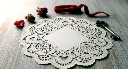 Wedding invitation card, key and lace doily on wooden backgroundの素材