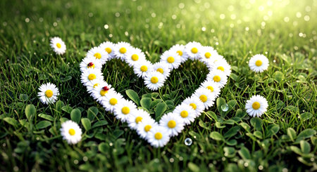 Heart made of daisies on green grass background. Love conceptの素材