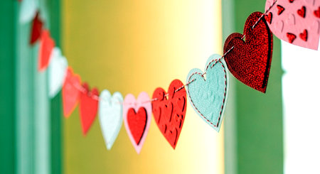 valentine's day hearts and garland on a green backgroundの素材
