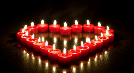 Red heart shape candles on a black background with shallow depth of fieldの素材