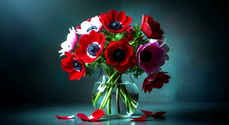 Bouquet of red and white anemones in vase on dark backgroundの素材