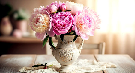 Bouquet of pink peonies in vase on wooden tableの素材