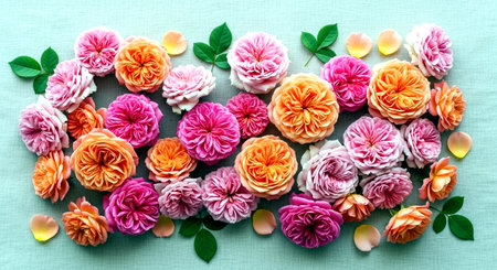 Colorful paper flowers with green leaves on blue background, top viewの素材
