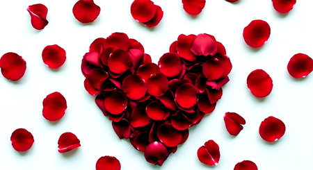 Red rose petals forming a heart shape on a white background.の素材