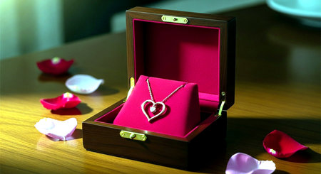 Heart shape pendant in the box with rose petals on the tableの素材