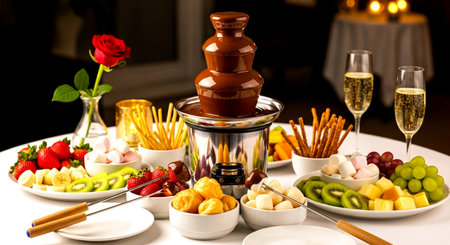 Chocolate fondue with assorted fruit on the table in a restaurantの素材