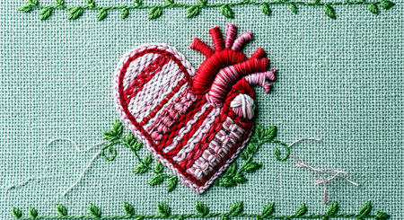 Handmade embroidery heart on a green background. Handmade.の素材
