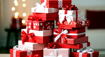 gift boxes with ribbons and bows on the background of the Christmas treeの素材