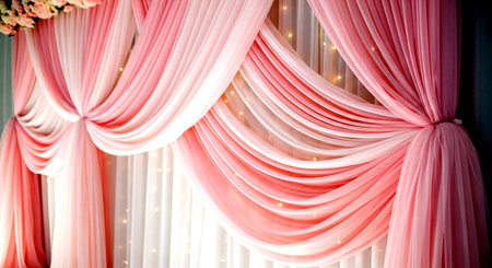 Bright pink curtains in the interior of the room. Wedding decorations.の素材