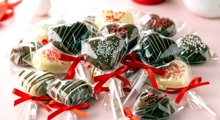 Chocolate candies with red ribbon on white background, closeupの素材