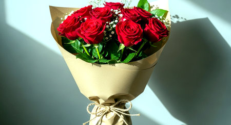 Bouquet of red roses in a paper box on a white backgroundの素材