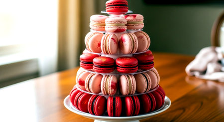 Colorful macaroons on a cake stand on a wooden tableの素材