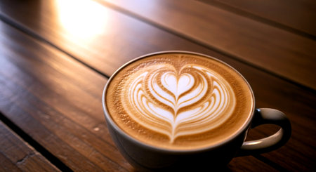 Latte art coffee on wooden table in coffee shop - vintage effect style picturesの素材