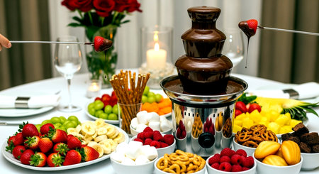 Chocolate fondue with assorted fruits on the table in a restaurantの素材