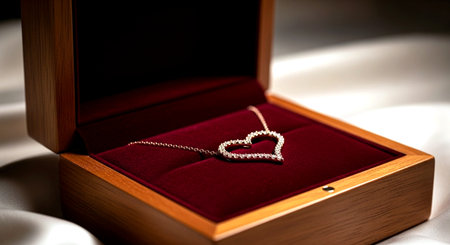 Heart shaped pendant in a wooden box on a white silk backgroundの素材