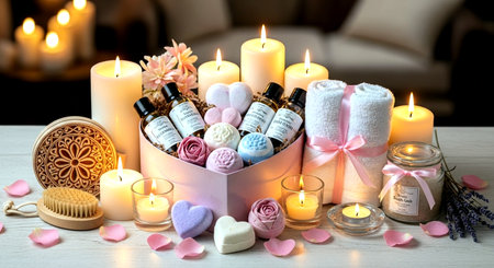 Spa still life with towels, candles and massage brushes on wooden tableの素材