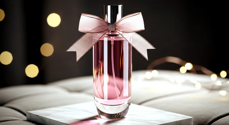 Perfume bottle with bow on table against blurred lights, closeupの素材