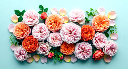 Flower background. Pink and orange roses on blue background. Flat lay, top view.の素材