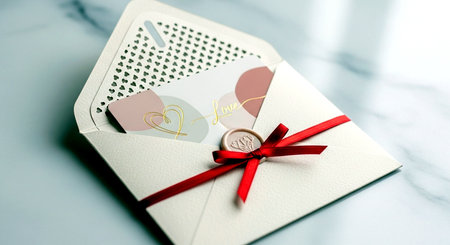 Wedding invitation card in an envelope with a red bow.の素材