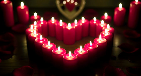 Red candles in the shape of a heart with rose petals in the backgroundの素材
