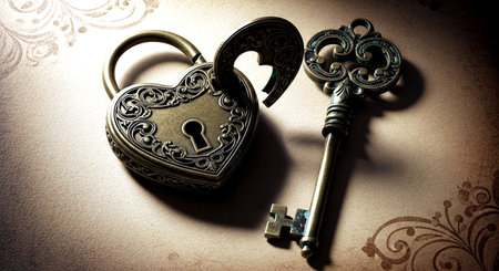Vintage key and padlock on old paper background with copy spaceの素材