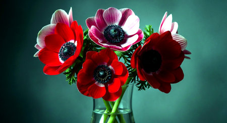 Bouquet of red anemones in vase on dark backgroundの素材