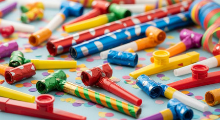 Colorful party whistles and confetti on a blue background.の素材
