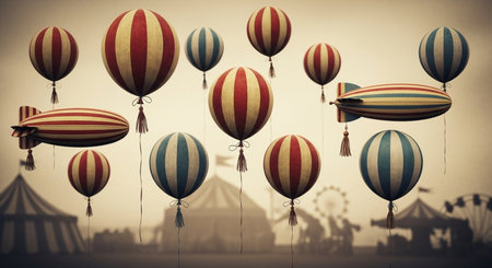 Vintage circus background with hot air balloons. Toned image.の素材