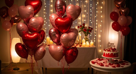 Valentine's day. Red heart-shaped balloons on the table.の素材