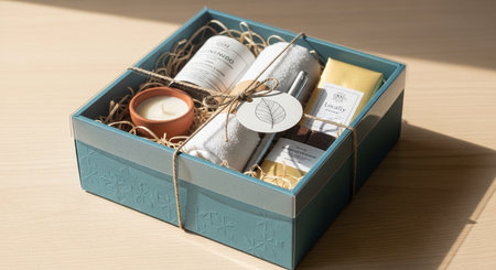 Set of cosmetic products in a gift box on a wooden table.の素材