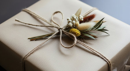 Gift box tied with twine and dried flowers on a dark backgroundの素材