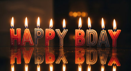 Happy birthday candles with reflection on black background, 3D illustration.の素材