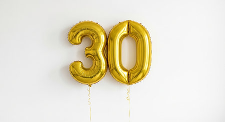 Number 30 gold foil balloon isolated on white background. 3D Renderの素材
