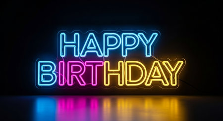 Happy Birthday neon sign on black background. 3D rendering illustration.の素材