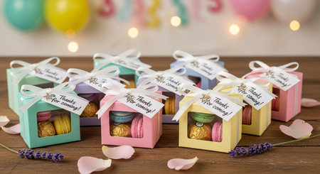 Colorful macaroons in gift boxes on wooden table, closeupの素材