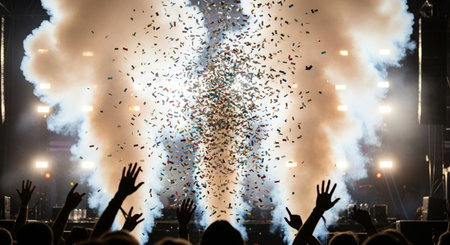 Concert crowd with raised hands at a music festival, blurred backgroundの素材