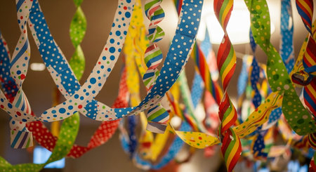Colorful ribbons of different colors hanging from the ceiling in a shopの素材