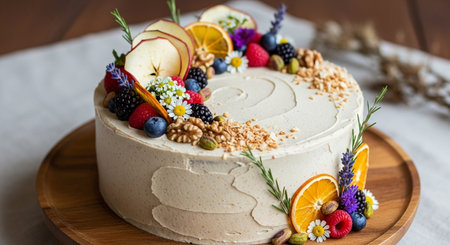 Cake decorated with fresh berries and fruits on a wooden background.の素材