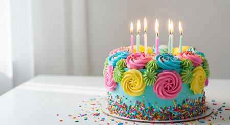 Birthday cake with colorful buttercream frosting and burning candles.の素材