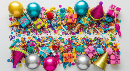 Top view of colorful confetti and party items on white background.の素材
