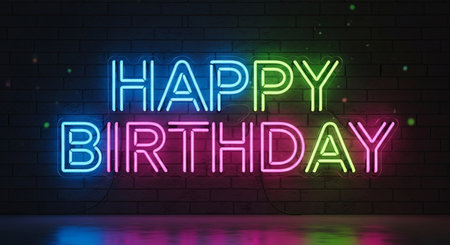 Happy Birthday neon sign on brick wall background. 3D Renderingの素材